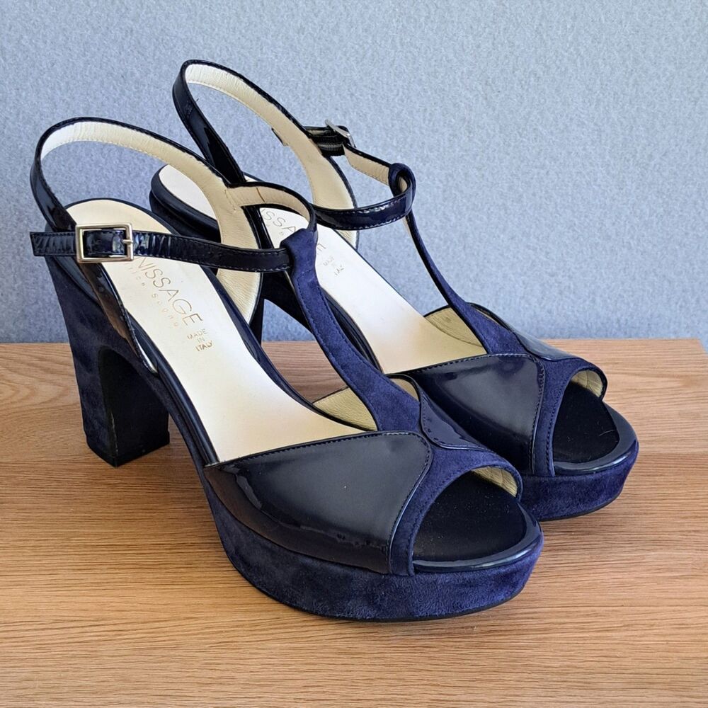 Vernissage Blue Suede Sandals Leather Slingback Heels Womens 9 US 39 EU T-Strap